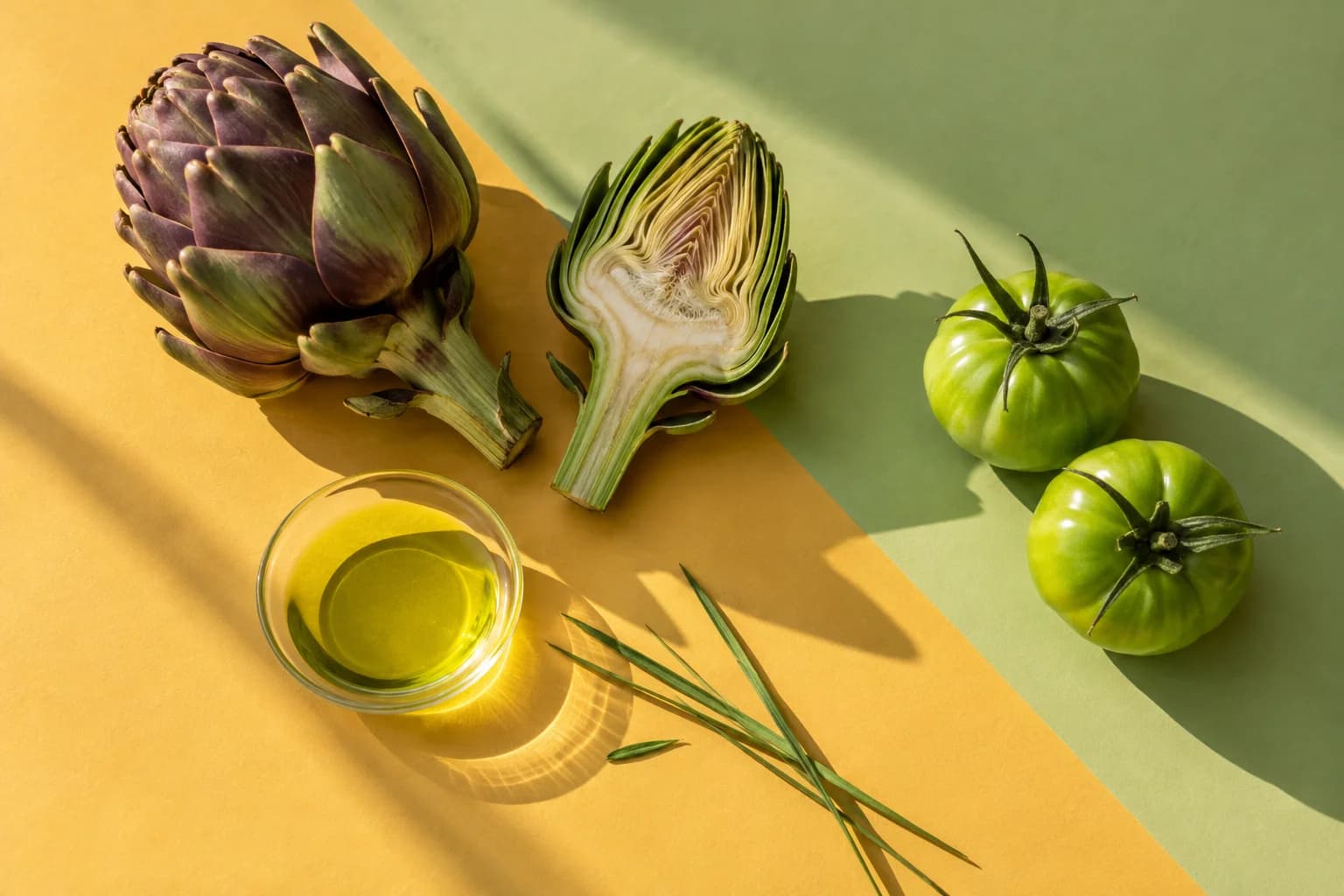 Carciofo, pomodori verdi e olio su una composizione gialla e verde